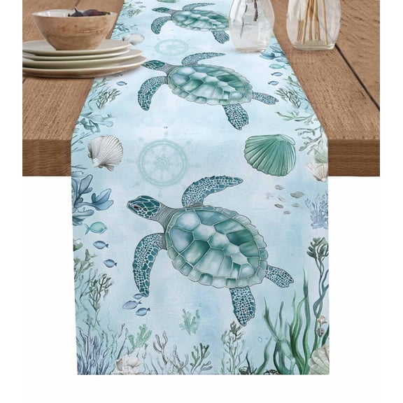 Hokiten Table Runners 36 Inches Long Dress Scarves, Coastal Turtle Farmhouse Kitchen/Dining Table Runner, Short Coffee Tablerunners, Beach Nautical Seashells Seaweed Coral 13x36 Inch