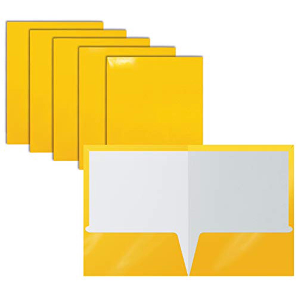 2 Pocket Glossy Laminated Yellow Paper Folders, Letter Size, 25Pack, Yellow Paper Portfolios by