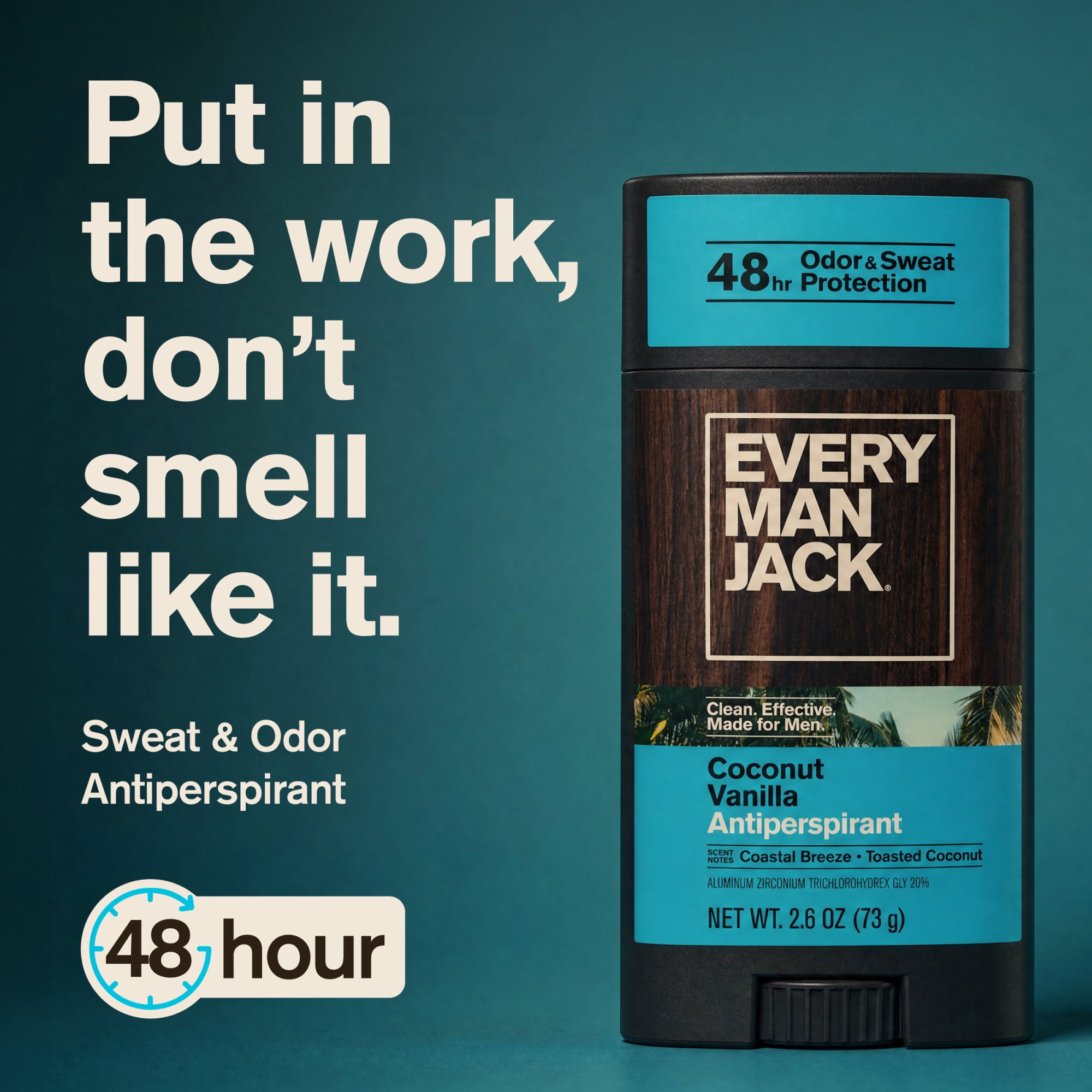 Every Man Jack Coconut Vanilla Antiperspirant Deodorant – Smooth Glide, 48-Hour Odor & Sweat Defense, 2.6 oz