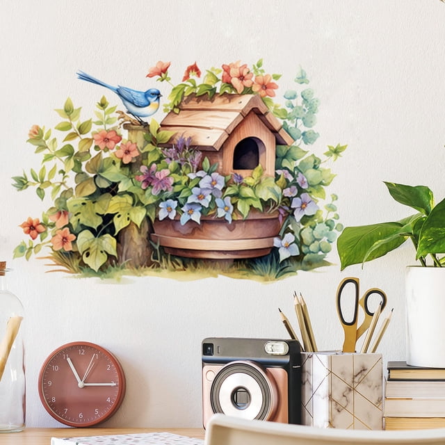Adhesivos de pared con diseño de casita para pájaros y flores, verde fresco y azul