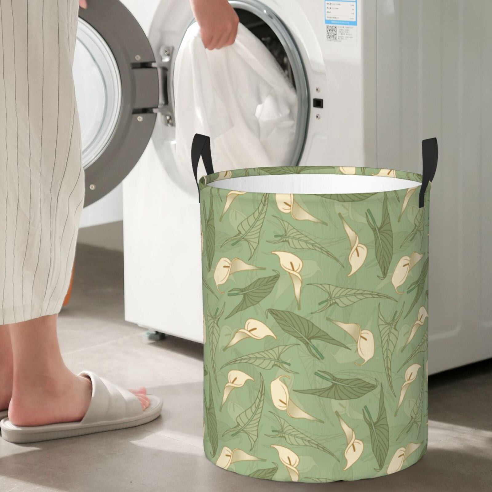 Large Laundry Basket with Handles - Green Leaves Calla Lily Flowers Kids Baby Dirty Clothes Laundry Hamper for Bedroom Aesthetic