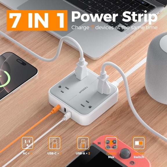 JUNCHI-Surge Protector Power Strip, 1 Ft Ring Pull Short Extension Cord with Multiple Outlets, 3 USB (1 USB C) 4 Outlets, 900J Surge Protection, Desktop Charging Station for Home, Office, Dorm Room