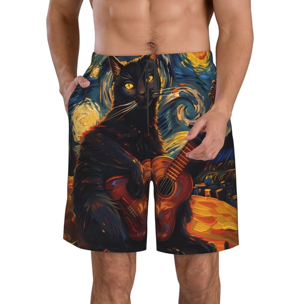 Fotbe Starry Night Cat Guitarist Trajes de Baño Estampados para Hombre, Shorts de Verano de Secado Rápido, Ropa de Playa, Bañadores-XX-Large