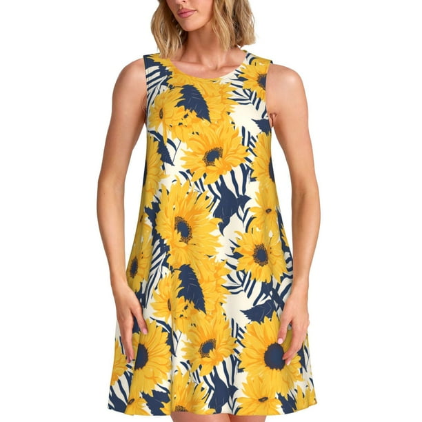Fotbe Blue Striped Sunflower Vestido de Verano sin Mangas para Mujer – Vestido Midi Línea A, Estilo Camiseta Floral, Vestido Playero Casual y Fluido