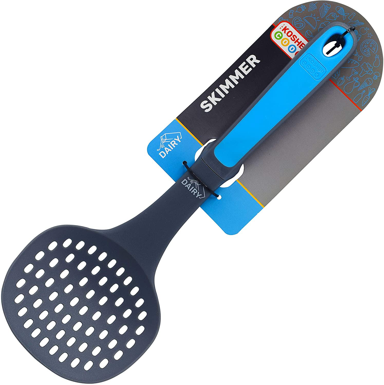 Dairy Blue Slotted Skimmer Spoon Gravy and Hot and Cold Foods Stews Color Coded Home and Kitchen Accessories by The Kosher Cook Non Stick Silicone Comfortable Handle Strainer For Soups 
