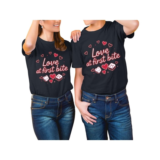 1pc "Love at First Bite" Matching Couples T-Shirt Set - His & Hers, 100% Cotton, Casual Black Tees wCamisetas para mujer, lindas camisetas con estampado gráfico, de manga corta, estilo casual, para ve