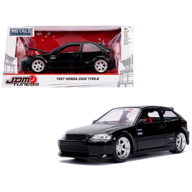Modelo de coche fundido a presión Jada 1997 Honda Civic Type R negro brillante con capó de carbono 'JDM Tuners' 1/24