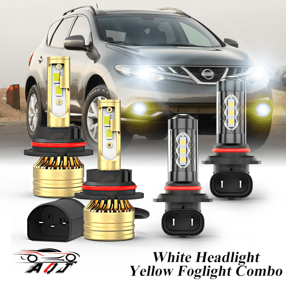Fit for Nissan Murano 2003-2008 LED Bulb Combo 4 Pack, 6,000K White 1000,000LM Super Bright Headlight   3500K Amber Yellow Foglight Bulb Set, Premium LED Lamp Upgrade Set