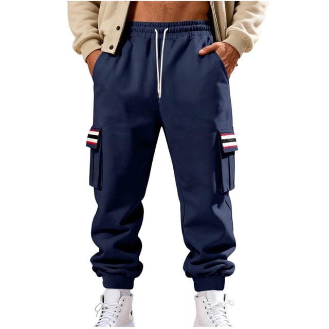 Lovzfmll Men's Retro Striped Fleece Joggers, Solid Color Base, Heavy Pile, Drawstring Waist, Pockets for Warmth Navy, 3XL