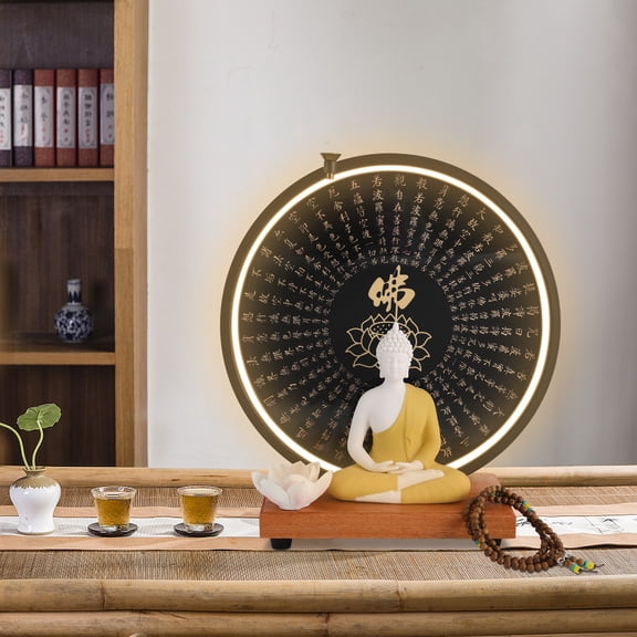 Buddha Statue Decoration, Ceramic Buddha Statue with Circle LED Lamp for Home