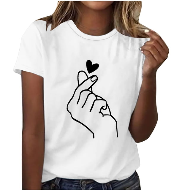 Meichang T-Shirts de la Saint-Valentin pour Femmes Hauts Mignons T-Shirts Graphiques Cœur Hauts Manches Courtes Coupe Ample Chandail à Enfiler Vacances Col Rond T-Shirts Mignons Blouses