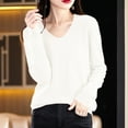 thumbnail image 3 of Fiaer Womens V Neck Knit Sweaters Long Sleeve Loose Fit Trendy Solid Color Comfort Casual Lightweight Fall Tops White XL, 3 of 3