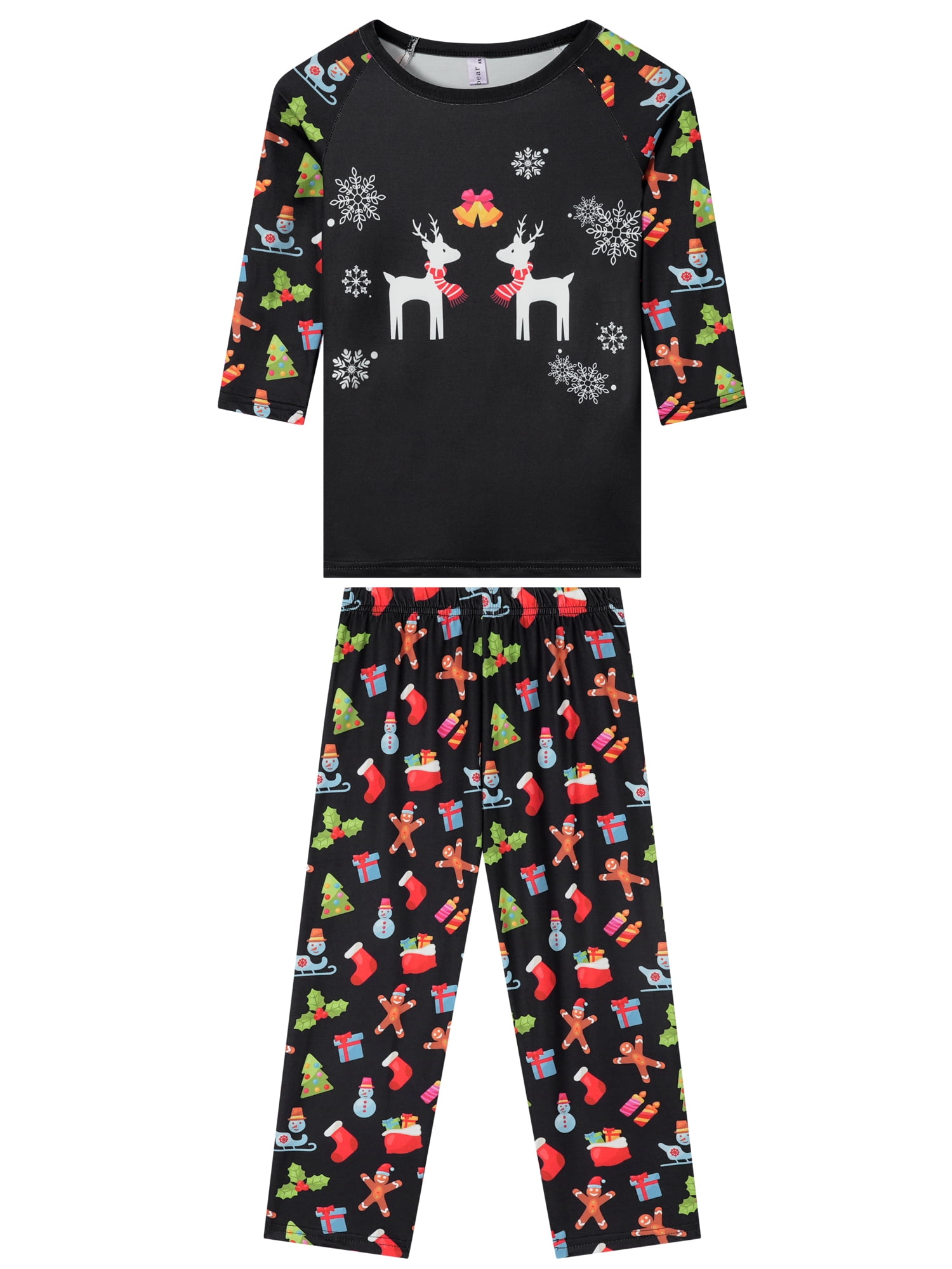 DARING DIVA Pajama Set Deer Print Long Sleeve Black Top Print Pant ["Boys & Girls"] L Black
