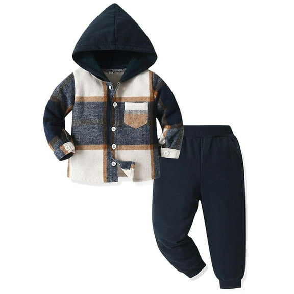 Toddler Baby Boy Clothes Plaid Long Sleeve Hoodie Sweatshirt   Pants 2pcs Boys Outfit Set
