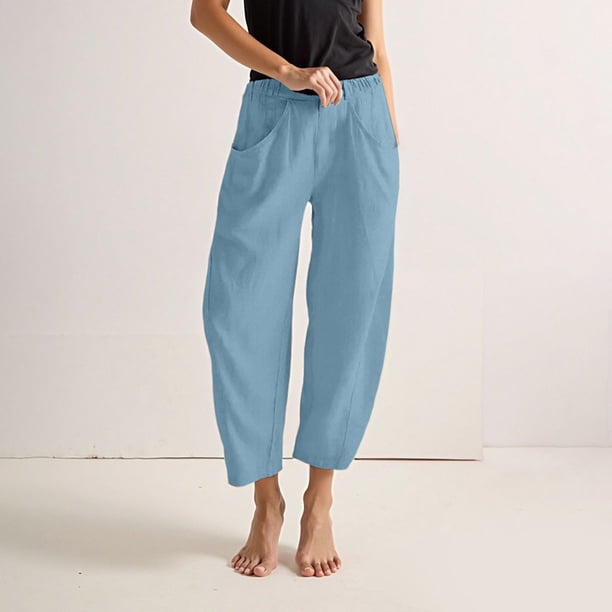WILLBEST Pantalones Casuales de Verano para Mujer, de Lino, Holgados, de Pierna Ancha, Cómodos, con Cintura Elástica y Bolsillos Funcionales, Ideales para Uso Diario. Chica