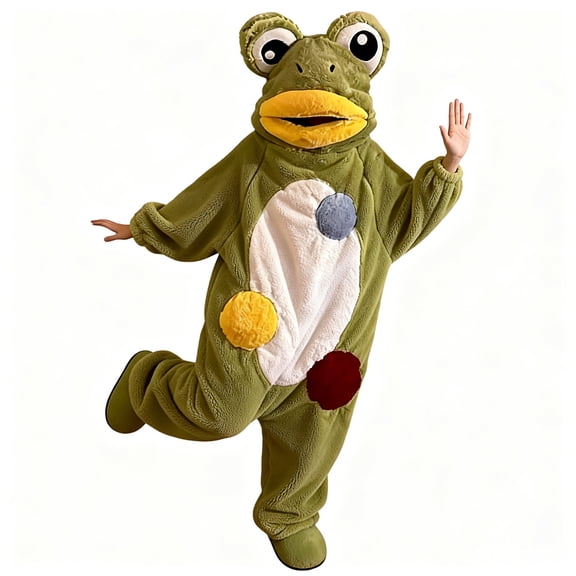Adult Frog Onesie with Shoes Halloween Costume Plush Animal Cosplay Pajamas for Men Women Fuzzy Funny Full Body Outfit Role Play Party Dress Up Casual Fleece Lined Loungewear Sleepwear