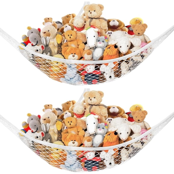 Stuffed Animal Hammock, 2 Pack | Corner Hanging Organizer, Toy Storage, Stuffed Animal Storage | Easy to Hang | Cute Room, Bedroom & Home Decor (White)