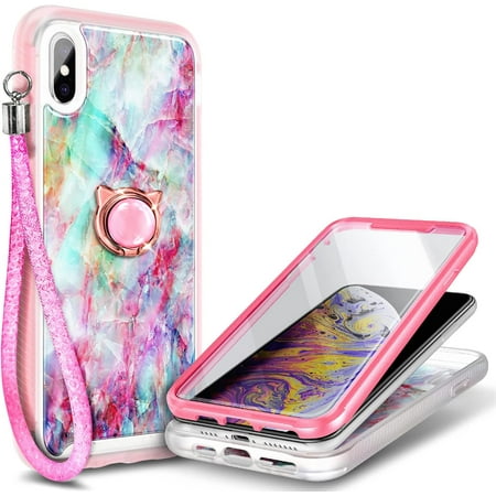 Nagebee Phone Case Compatible for iPhone X/iPhone Xs with [Built-in Screen Protector], Full-Body Protective Shockproof Rugged Bumper [Ring Holder & Wrist Strap] Impact Resist Durable (Marble Fantasy)