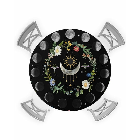 Round Tablecloth with Elastic Sun Moon Stars Flowers Plants Black Waterproof Stain-proof Table Cover Wipeable Fitted Table Cloths for 36"-44" Round Tables Dining Kitchen