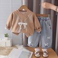 thumbnail image 2 of Toddler Girls Clothes Outfits 6 9 12 18 Months 2T 3T 4T 5T Toddler Girls Fall Winter Clothes Girls Lace Bow Pullover Denim Pants 2PCs Set Dailywear Khaki Size 6-12 Months, 2 of 9