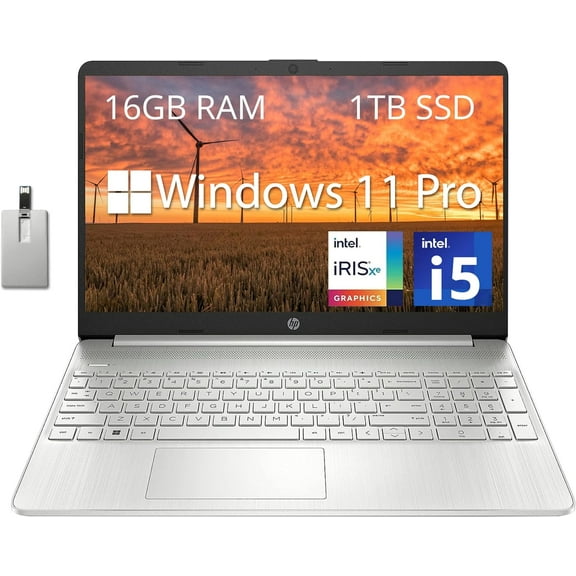 HP 15.6" FHD Business Laptop, Intel Core i5-1135G7, 16GB DDR4 RAM, 1TB PCIe SSD, Intel Iris Xe Graphics, Numpad, Webcam, Wi-Fi 5, Bluetooth, Silver, Win 11 Pro, 32GB Hotface USB Card