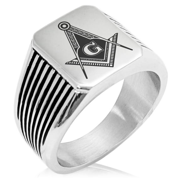 Tioneer Stainless Steel Freemasons Masonic Royal Compass Needle Stripe Pattern Biker Style Polished Ring