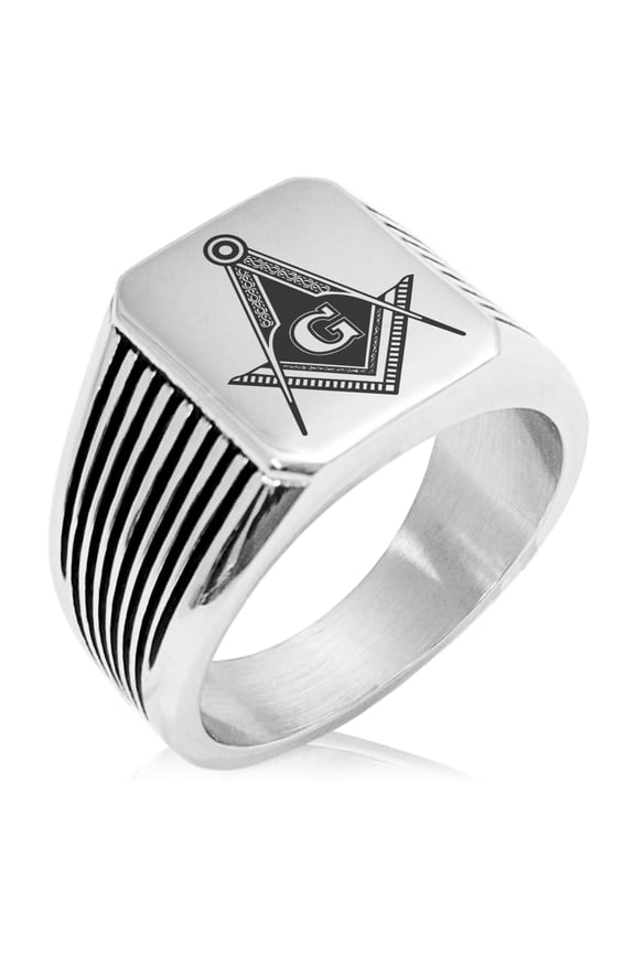 Stainless Steel Freemasons Masonic Royal Compass Needle Stripe Pattern Biker Style Polished Ring