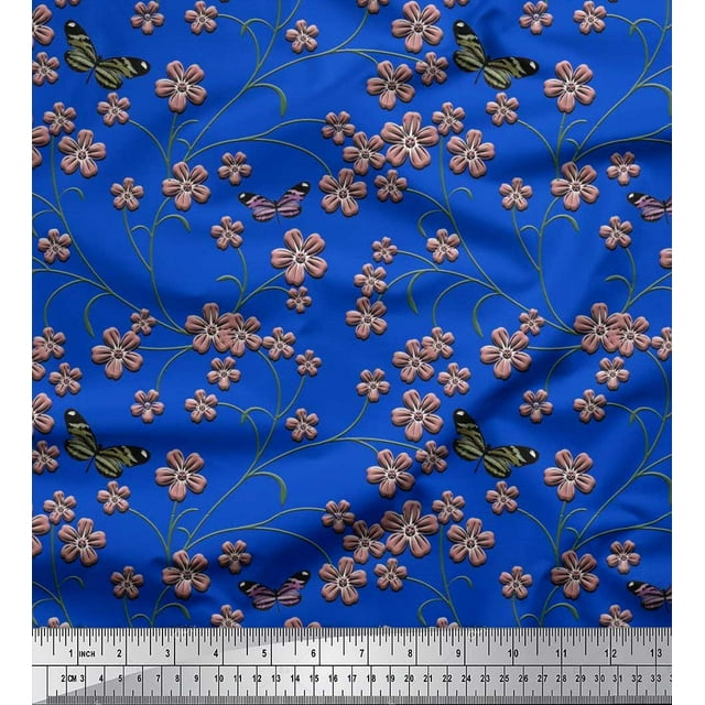Soimoi Cotton Cambric Fabric Insect,Leaves & Flower Floral Printed Fabric 1 Yard 56 Inch Wide