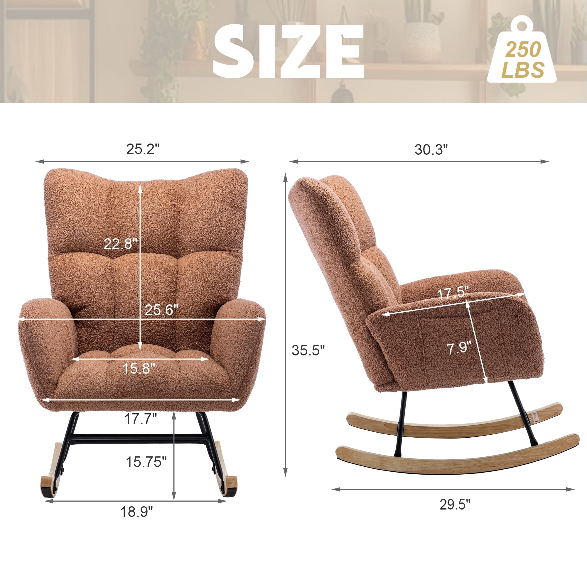 Leumius Rocking Chair Nursery,Teddy Upholstered Glider Rocker with High Backrest,Modern Rocking Accent Chairs Glider Recliner for Living Room, Nursery, Bedroom,Brown