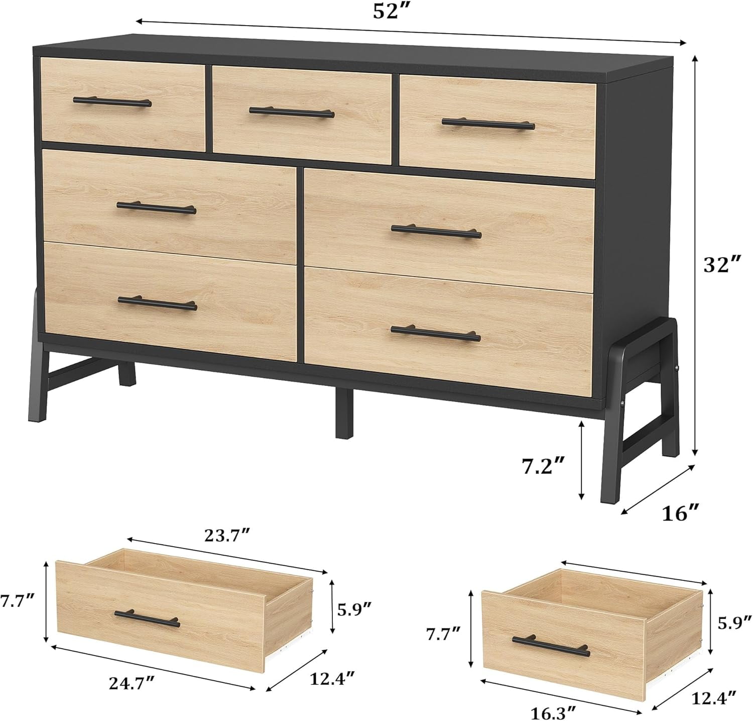Hetoy 7 Dresser for Bedroom, 52" Wide Dresser, Wide Drawer Dresser with Storage Freestanding, Wooden Closet Dresser Storage Dresser Chest for Living Room, Bedroom, Entryway, Oak+Black