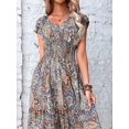 thumbnail image 5 of Women's Plus Size Printed V Neck Short Sleeve Midi Dress Frill Smocked Detail one hundred percent polyester fabric, 5 of 8