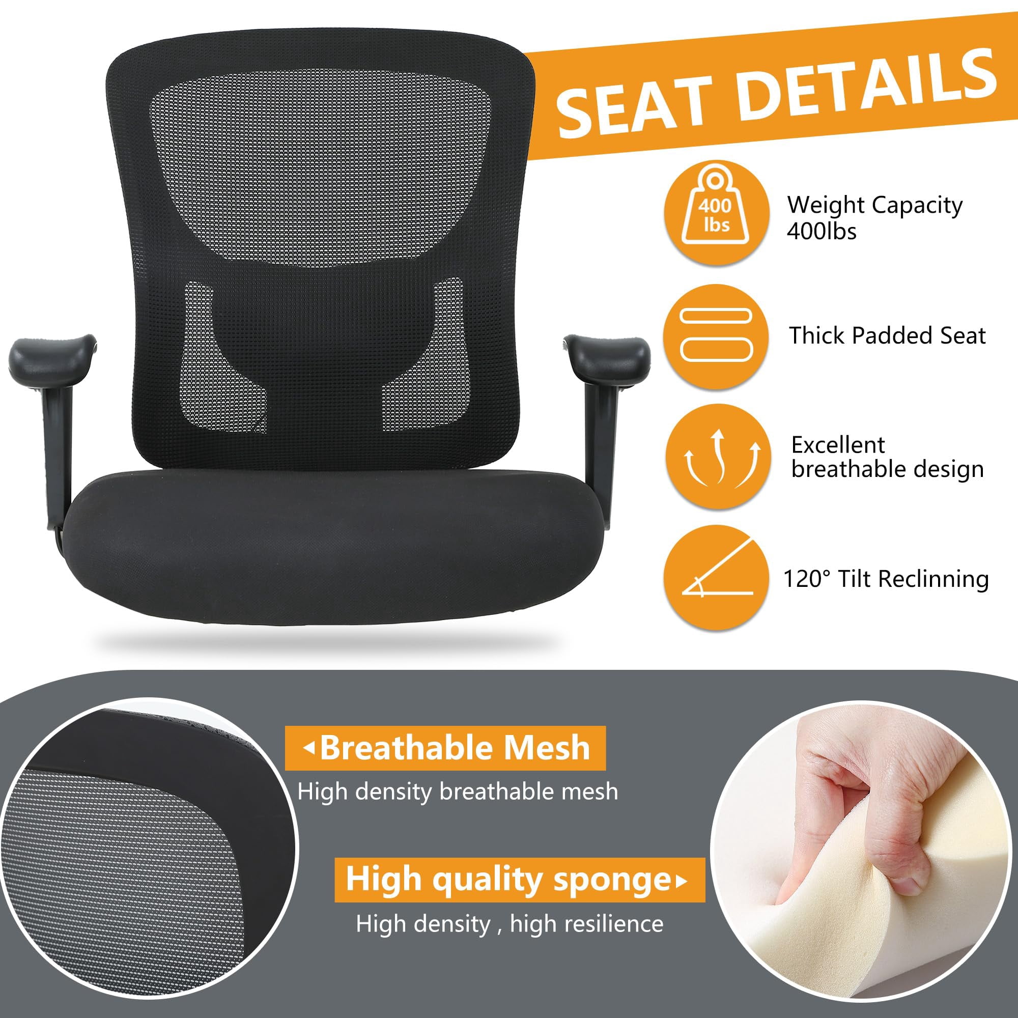 FDW Adult Mesh, Metal Indoor Residential Ergonomic and Lumbar Support Office Chairs, Black