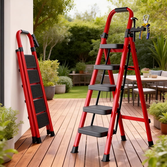 500lbs Load-Bearing Folding 3/4/5 Step Ladder - Heavy-Duty Steel Step Stool with Anti-Slip Wide Treads, Handrails & Safety Lock, Black/Red Color, Portable Multi-Functional Ladder for Home Kitchen Use