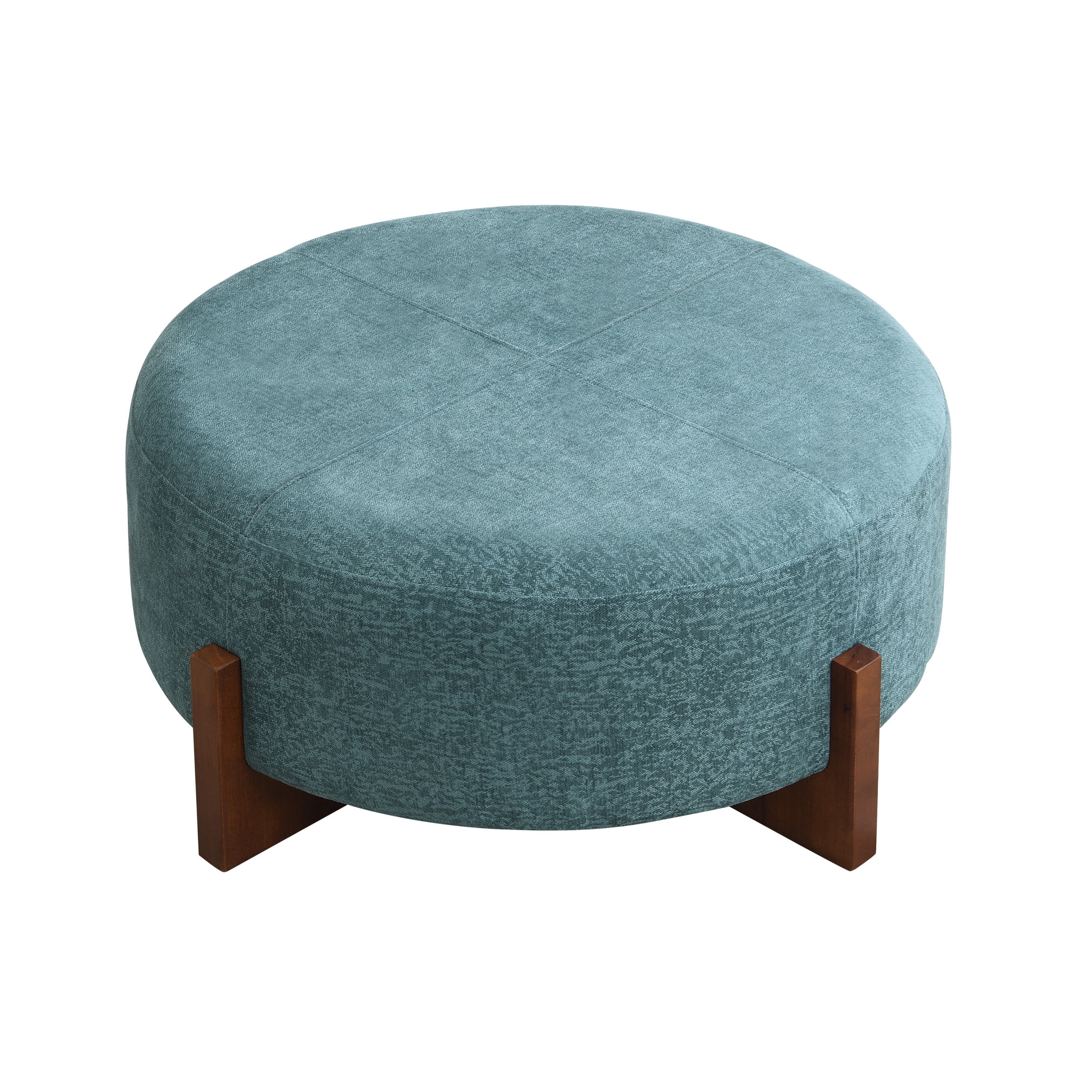Christopher Knight Home 34" Modern Round Ottoman, Teal Blue Chenille Upholstered, Walnut Wooden Legs