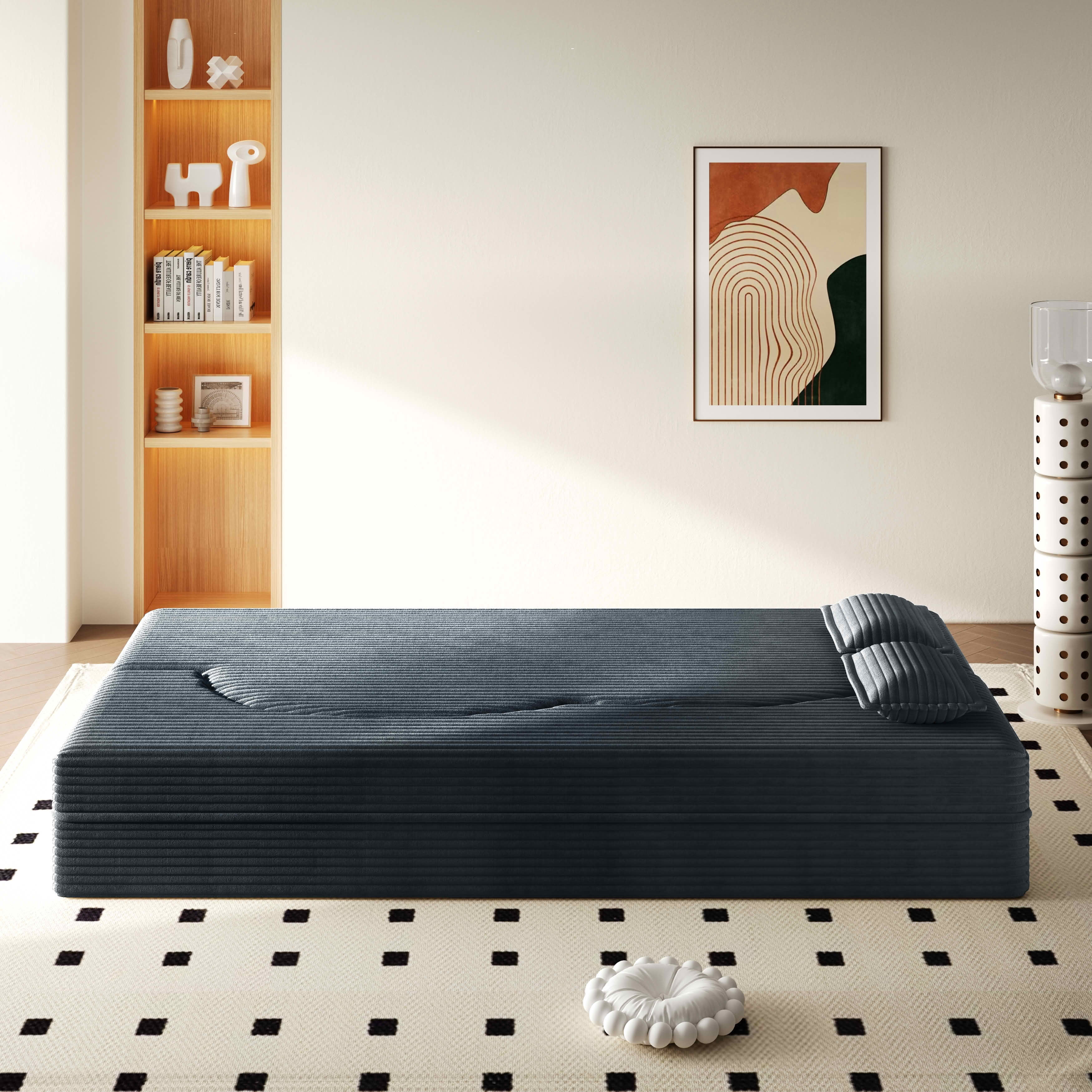 MAYEERTY Twin Corduroy Foldable Foam Floor Sofa Bed, Zero Assembly Vacuum Compressed Sleeper with 2 Pillows