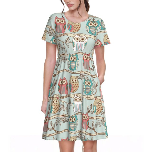 Disketp Cute Owl para Vestido de Manga Corta para Mujeres, Vestidos de Verano para Mujeres, Casual y Holgado para la Playa