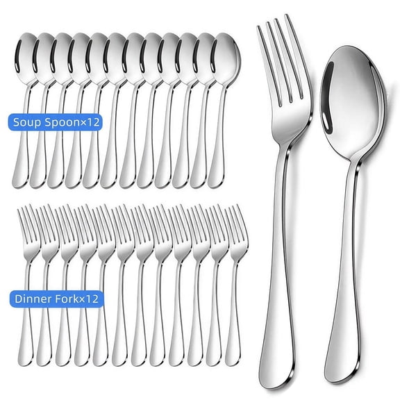 24 Pcs Spoons and Forks Set, Stainless Steel Forks and Spoons Silverware Set,Mirror Finish Cutlery Flatware Set,Dishwasher Safe