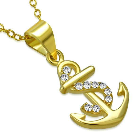 925 Sterling Silver White Clear CZ Anchor Marine Pendant Necklace, 18"