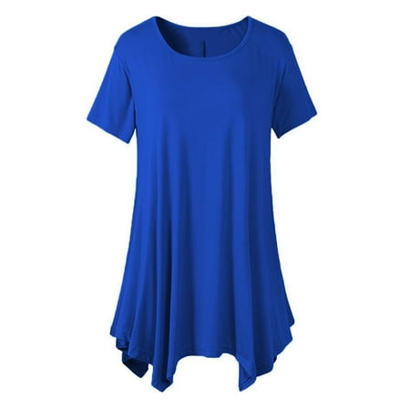 

Summer Women Asymmetrical Hem Pleated Shirts Casual Short Sleeve Crew Neck Tunic Tee Tops Loose Fit Flowy Solid Comfy Blouses