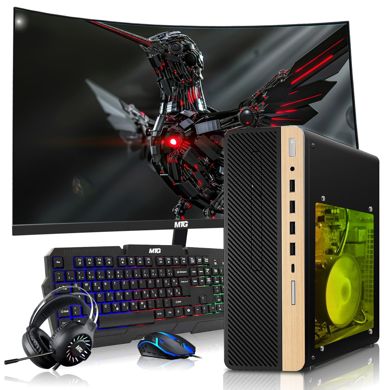 Restored HP Half Light Gaming PC Desktop Computer – AMD Pro A10-9700,GT 1030 Graphics,16GB RAM,1TB SSD,27 Inch Curved Monitor,RGB Keyboard with AI Copilot,Mouse,WiFi,RGB Headphone,Windows 11