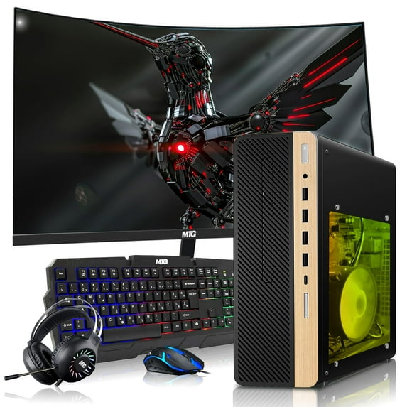 Restored HP Half Light Gaming PC Desktop Computer – AMD Pro A10-9700,GT 1030 Graphics,16GB RAM,256GB SSD,27 Inch Curved Monitor,RGB Keyboard with AI Copilot,Mouse,WiFi,RGB Headphone,Windows 11 (Refurbished)