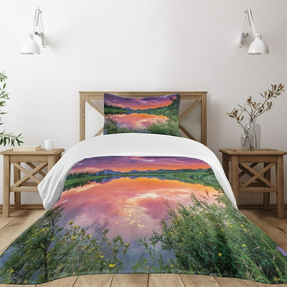 Ambesonne Nature Quilted Bedspread Set 2 Pcs, Sunset Reflection River, Twin Size, Orange Green Purple