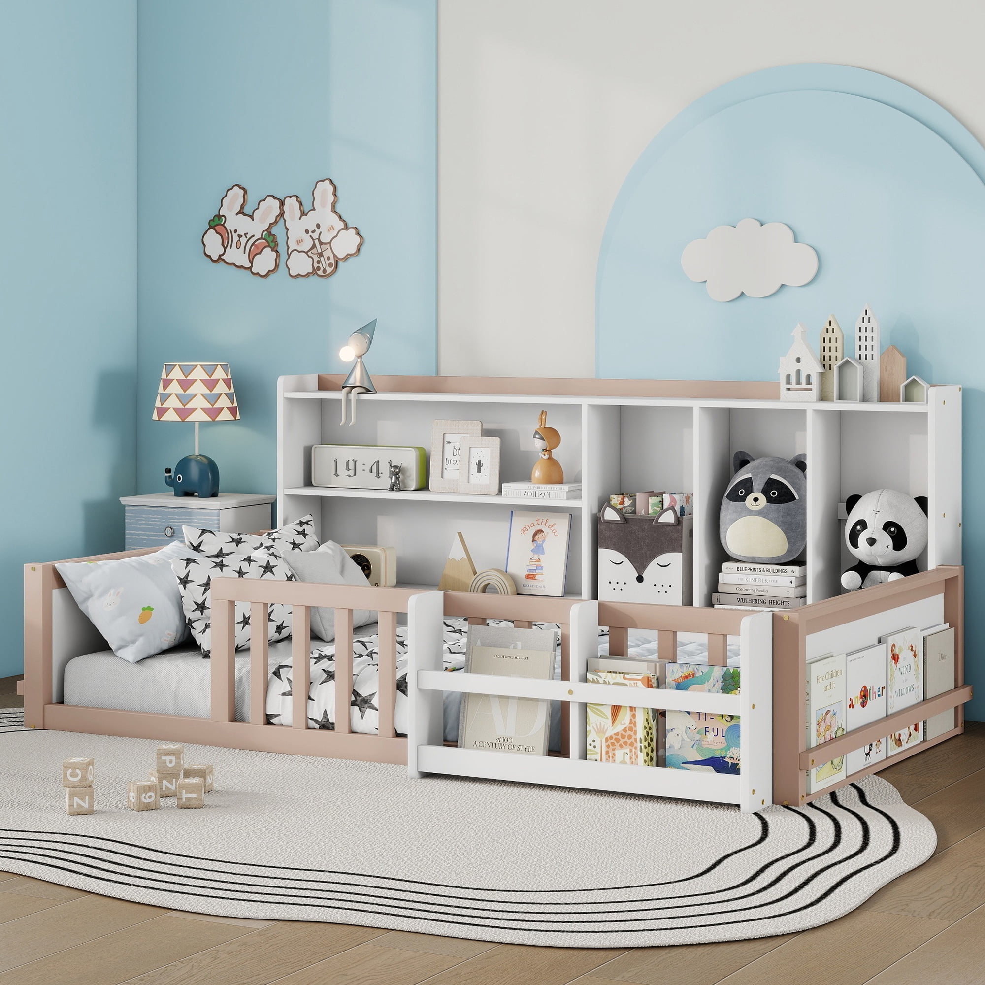 Mintazer Twin Size Montessori Floor Bed with Bookshelf & Guardrails, Kids Platform Bed Frame with Storage Cubbies for Bedroom, White & Natural