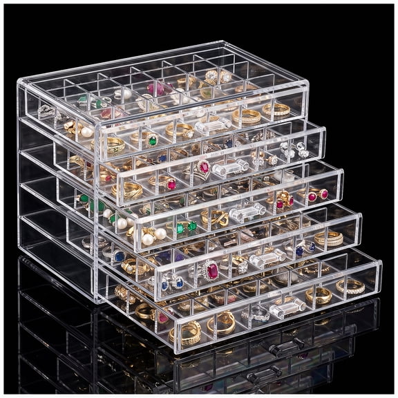 KIMERSE Clear Stackable Acrylic Jewelry Organizer Box, 5-Drawer Earring Storage Case with 120-Grid Compartments for Earrings, Rings, Bracelets & Necklaces