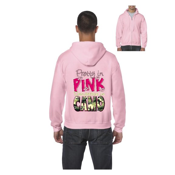 Mens Pretty in Pink Dangerous in Camo Full-Zip Hooded Sweatshirt