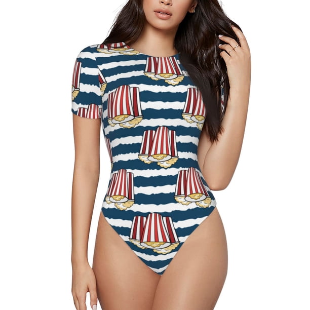 Balery Popcorn Body de cuello redondo de manga corta para mujer Tops de manga corta Tops básicos-Large
