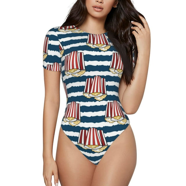 Bingfone Motif Maïs Soufflé Justaucorps à Col Rond pour Femmes, Bouton Pression Serré Manches Courtes, Adapté pour Fête, Sport, Usage Quotidien-Moyen