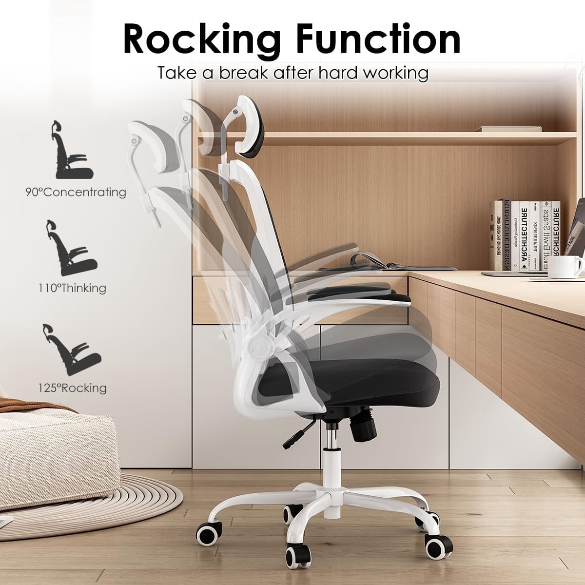 STARY Ergonomic Mesh Office Chair with Headrest, Tall Reclining Computer Chair with Adjustable Lumbar Support and Adjustable Arms for Home Office, White & Black