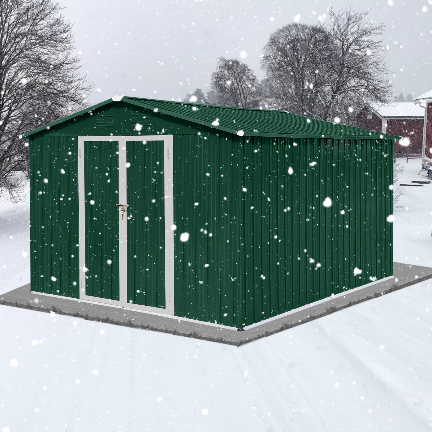 LoLado 10x8 FT Outdoor Metal Storage Sheds, Garden Sheds Waterproof with Lockable Doors, for Backyard, Lawn, Green+White
