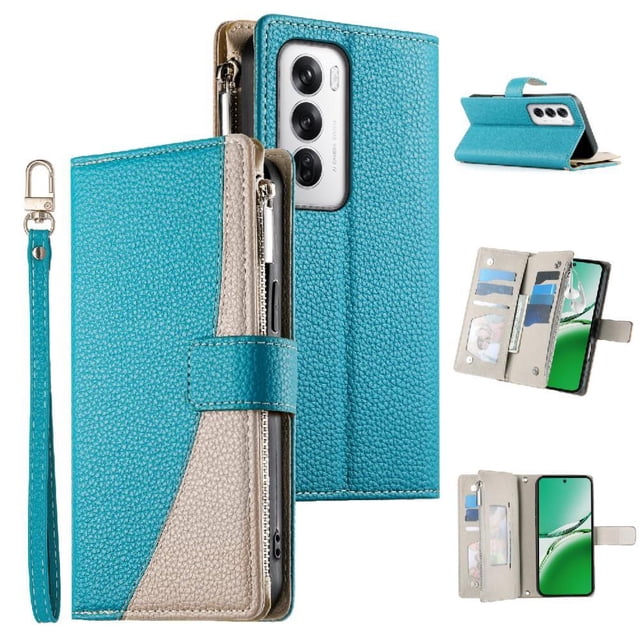 Funda cartera GANGXUN para OPPO Reno 12 5G , cuero PU con tarjetero, cremallera, correa de mano, soporte y protección 654°